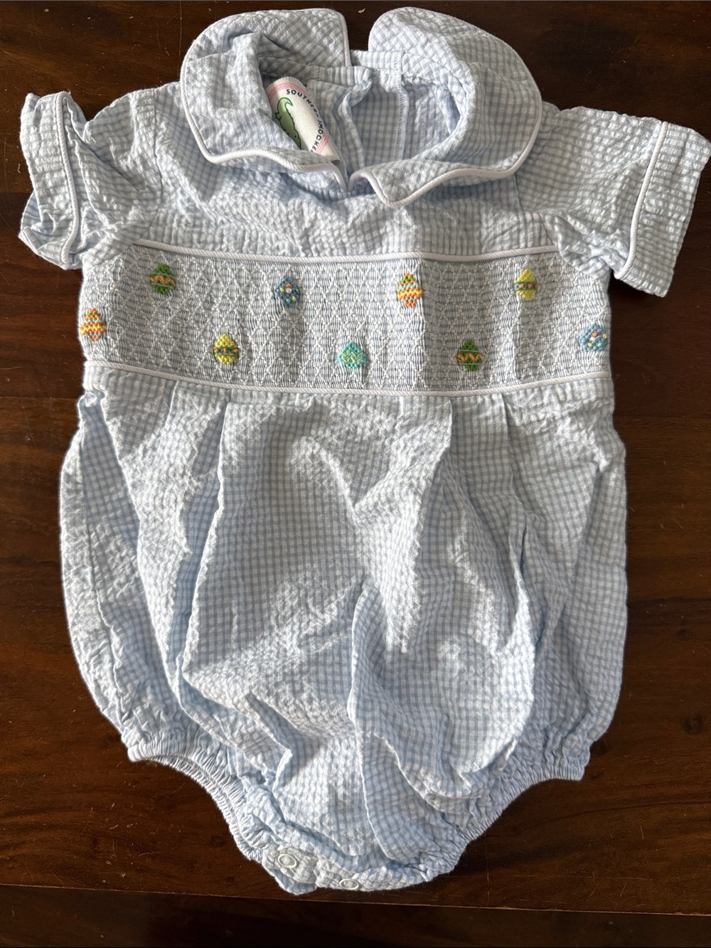 Light Blue Smocked Baby Bubble Romper with Embroidered Eggs